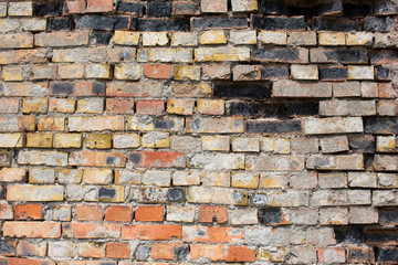 Damaged brick grunge multi colored wall background.