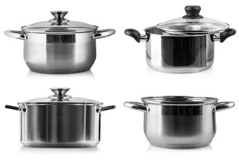 stainless steel cooking pot over white background with clipping path