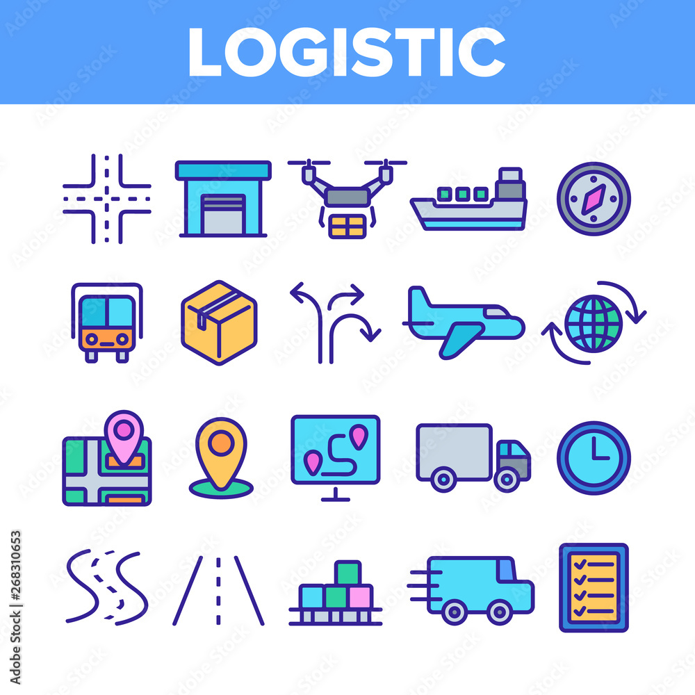 Poster global logistic department linear vector icons set. logistic management, delivery service thin line 