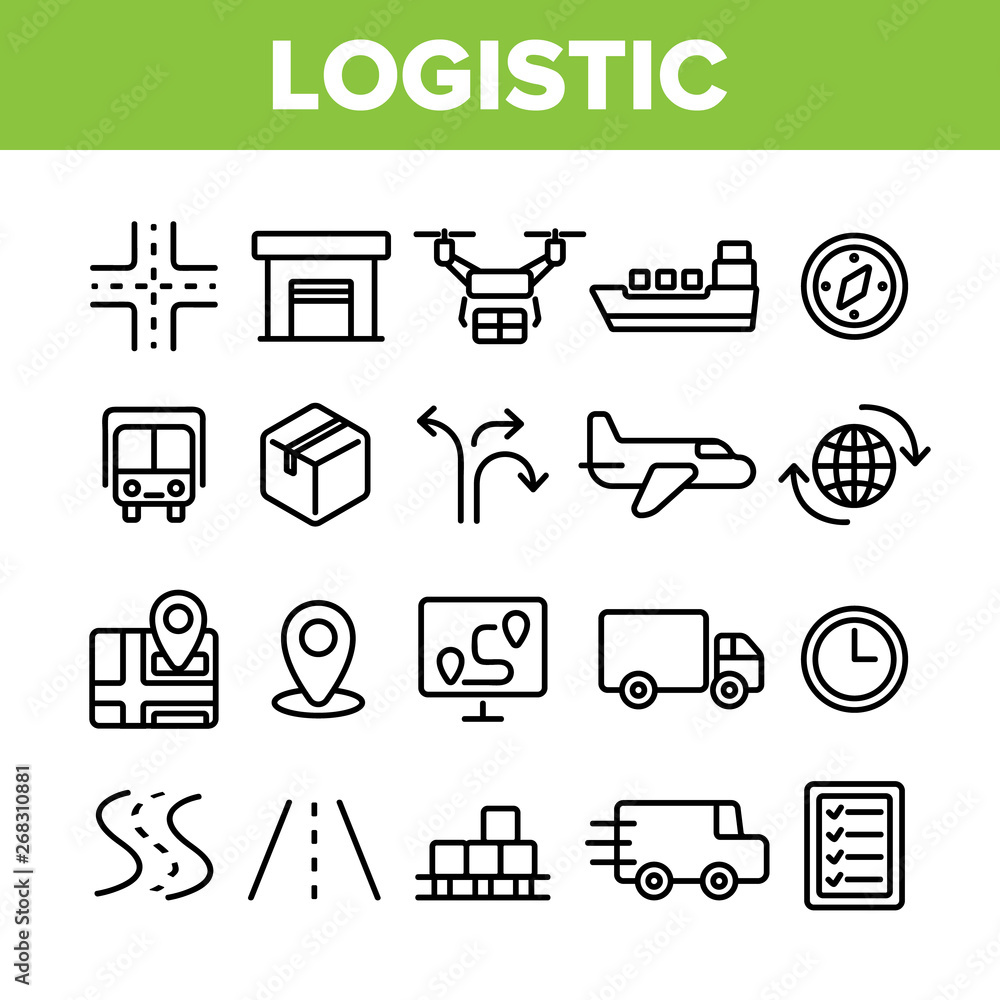 Poster global logistic department linear vector icons set. logistic management, delivery service thin line 