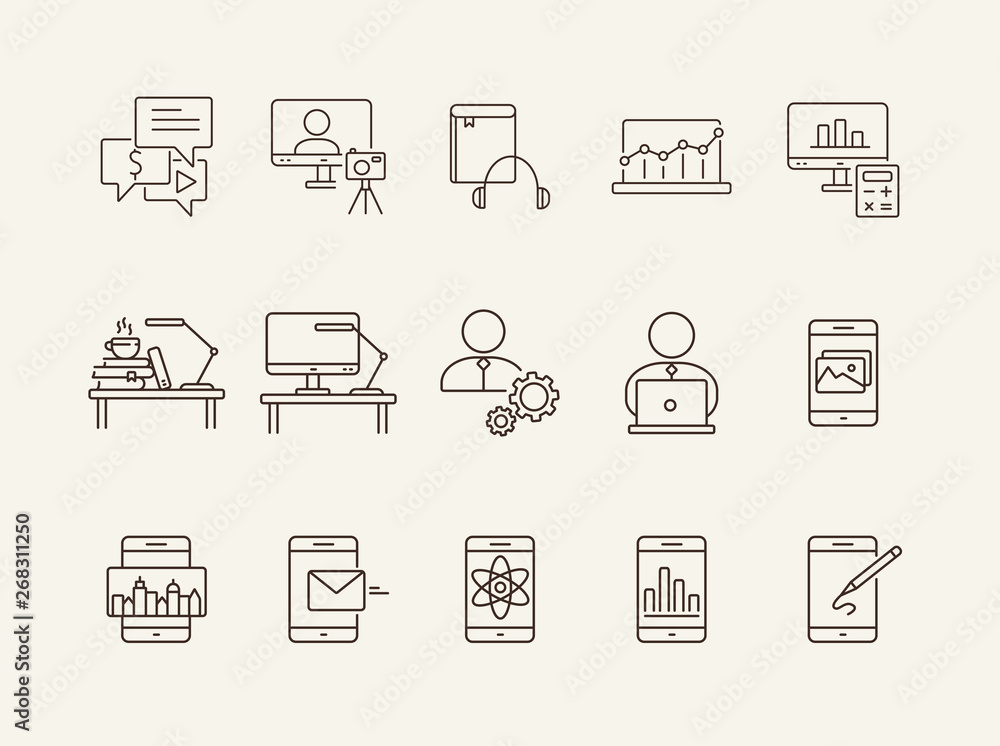 Poster e-learning line icon set. smartphone, computer, workstation. tutorial concept. can be used for topic