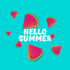 Vector Hello Summer Beach Party Flyer Design template with fresh watermelon slice isolated on azure background. Hello summer concept label or poster with fruit and typographic text.