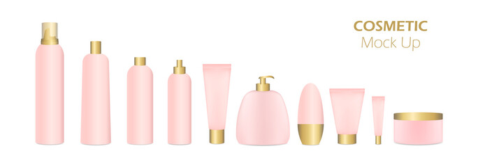 Cosmetic tubes mockup. Realistic cosmetic tubes and bottles with gold caps. Product packaging. Tubes for cream, lotion, body milk, shampoo, gel, balm, conditioner, spray, hair foam, etc.