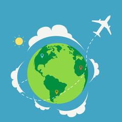 Plane travel around the world with nature landscape and map.Travel around the planet concept.Vector illustration.