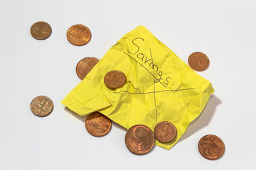 lack of money and savings, poor, scrapped paper note saying savings and pennies