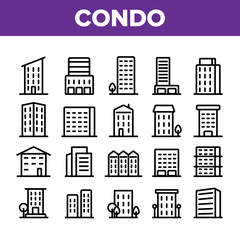 Dwelling House, Condo Linear Vector Icons Set. Condo, Apartment Buildings Thin Line Contour Symbols Pack. Residential Area, Metropolis Pictograms Collection. Urban Architecture Outline Illustrations