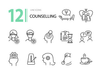 Counselling line icon set. Psi letter, hypnosis, cup of tea. Psychology concept. Can be used for topics like mental science, psychological help, assistance