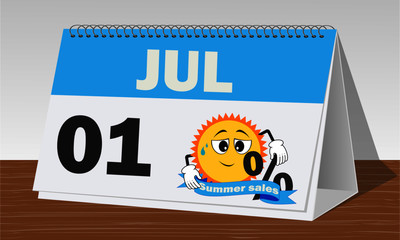 one september, summer sales, blue and white calendar on wooden desk and white background. vector file