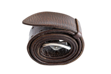 Brown leather army belt on white background. Military belt. Soldier's Trouser belt. Isolated.