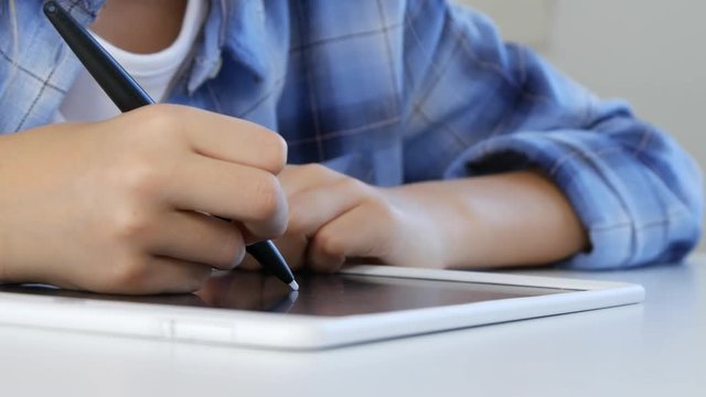 Child Studying on Tablet, Girl Writing in School Class, Learning Doing Homework