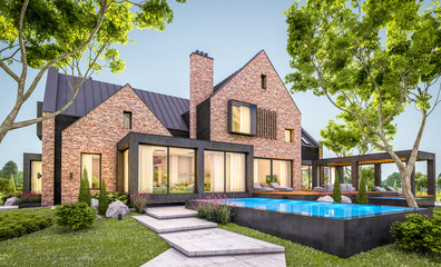 Fototapeta na wymiar 3d rendering of modern cozy clinker house on the ponds with garage and pool for sale or rent with beautiful landscaping on background. Clear summer evening with cozy light from window