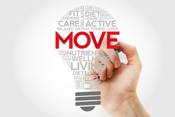 MOVE bulb word cloud collage with marker, health concept background