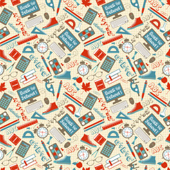 Obraz premium Seamless pattern with different school supplies cage background. Decoration elements for Back to school holiday.