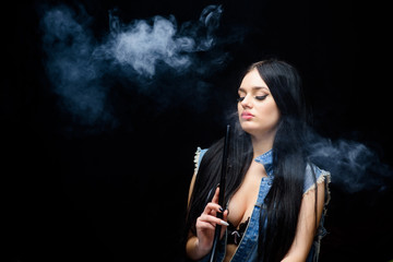 unhealthy addiction. Tabacco drug. Bad habit. Woman vapor. sexy woman smoking cigar. exhale smoke on black background. hookah bar. Electronic cigarette. copy space. relax in hookah bar