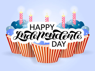 A lot of cupcakes in colors of a flag on the Independence Day of the USA. Happy Independence day lettering. Vector illustration