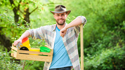 farming and agriculture cultivation. Garden equipment. muscular ranch man in cowboy hat. Eco farm. Harvest. sexy farmer hold shovel and box with pot. happy earth day. Eco living. The best job ever