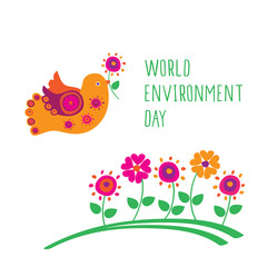 World Environment Day card or background with bird and flowers. Vector illustration.