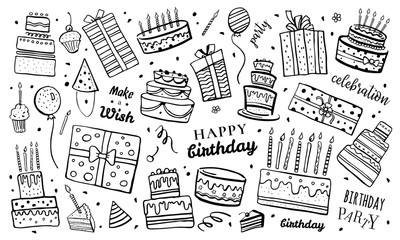 Set of stylized birthday cakes, gift boxes, balloons and decorations. Hand drawn cartoon vector sketch isolated illustration