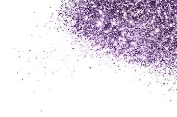 Fototapeta premium Purple glitter sparkles on white background. Beautiful abstract backdrop for vip design, fashion, make up, nail art, shopping, cards design, beauty concept