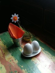Table setting in orange-green color scheme with a flower. There is free space for text.
