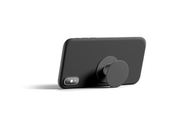 Blank black phone popsocket sticked on cellphone mockup, lying isolated, side view, 3d rendering....