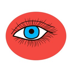 Eye, human eye, eye on red background, vector icon. Eye blue in style hand draw.