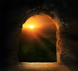 gate background with landscape and sunset