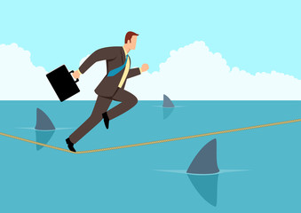 Obraz premium Businessman running on rope with sharks underneath