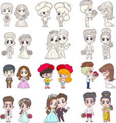 Wedding dress cartoon set Color and black and white