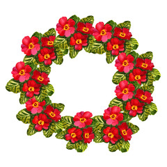 Primrose (primrose) flowers in a round frame floral background Card Watercolor