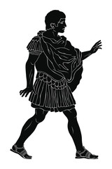 A young ancient Roman warrior in armor stands, speaks and gestures. Vector illustration isolated on white background.