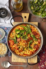 Chorizo and yellow split peas stew with padrones peppers