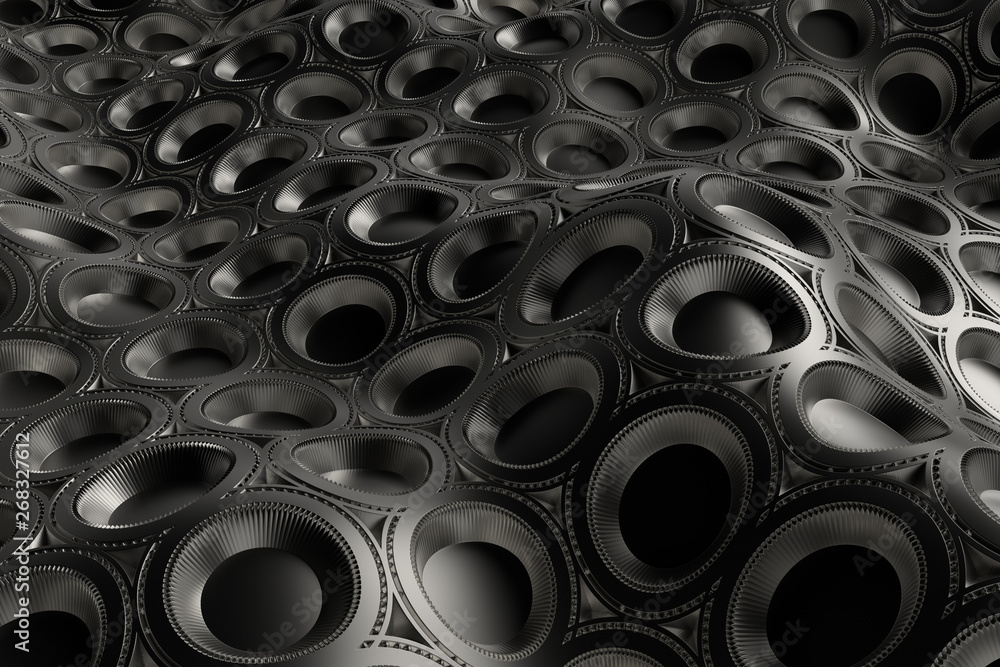 Poster 3d render metall background with reflections. displacement surface. random patterns extruded from th