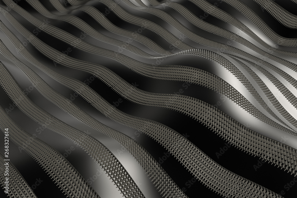 Poster 3d render metall background with reflections. displacement surface. random patterns extruded from th
