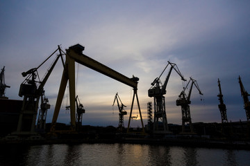 Obraz premium View on a shipyard with cranes at the sunset.