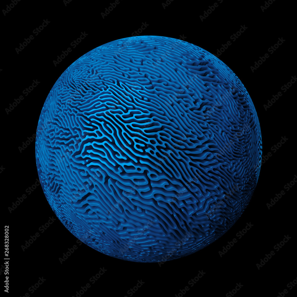 Poster 3d render abstract background. displacement surface. random patterns extruded from the sphere shape.