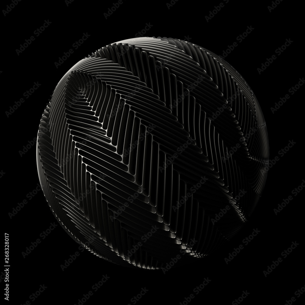Poster 3d render metall background. displacement surface. random patterns extruded from the sphere shape.