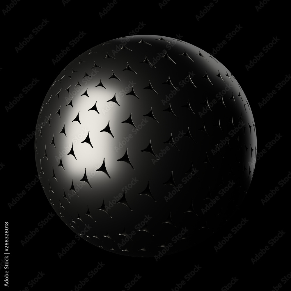 Poster 3d render metall background. displacement surface. random patterns extruded from the sphere shape.