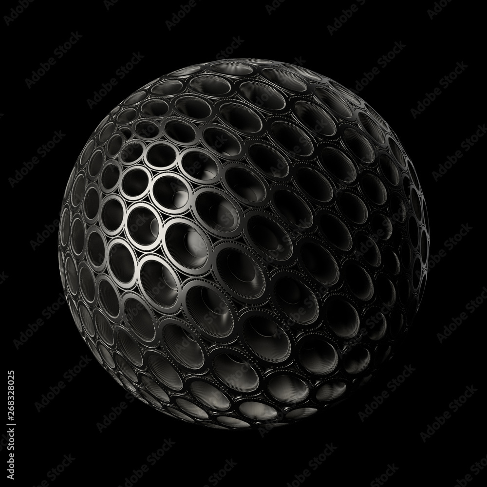 Poster 3d render metall background. displacement surface. random patterns extruded from the sphere shape.
