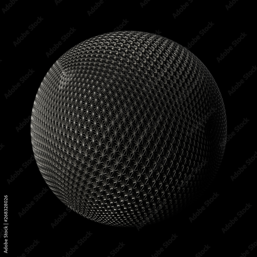 Poster 3d render metall background. displacement surface. random patterns extruded from the sphere shape.