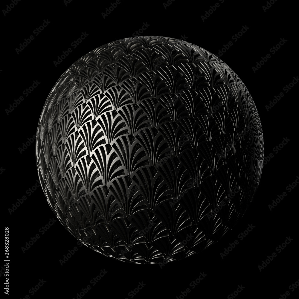 Poster 3d render metall background. displacement surface. random patterns extruded from the sphere shape.