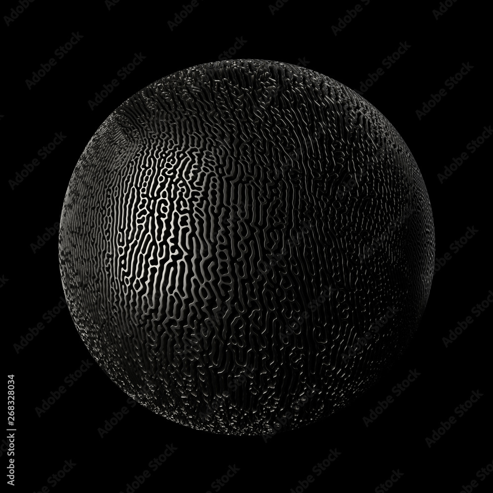 Poster 3d render metall background. displacement surface. random patterns extruded from the sphere shape.