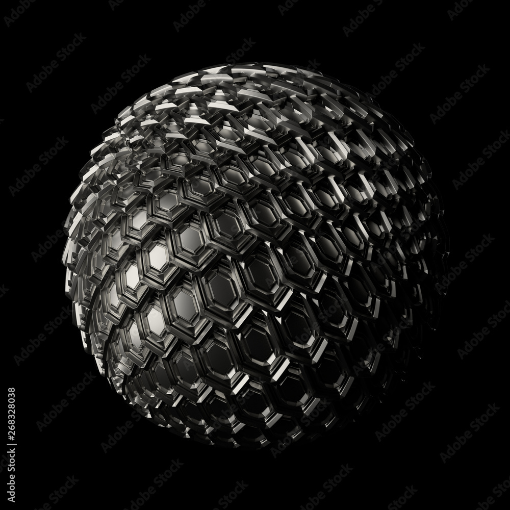 Poster 3d render metall background. displacement surface. random patterns extruded from the sphere shape.