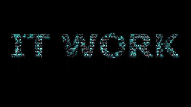 IT work, digital word with computing operations. Blue hexadecimal big data digital code. Futuristic information technology concept. Computer generated seamless loop animation