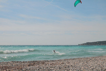 Sea and kite surfer. Menton, Nice, France