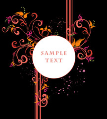 Obraz premium Round Template with Abstract Splashes and Floral Swirls on Black. Modern Design for Banner, Flyer, Card, Poster, Announcement, and Advertisement.