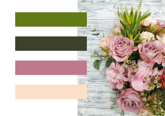 Bouquet color layout - work in a flower shop. floral background: a fresh pastel rose, pink hydrangea with aerial branches, and white chelamilacium. Work in a flower shop. Beautiful idea for a flower f
