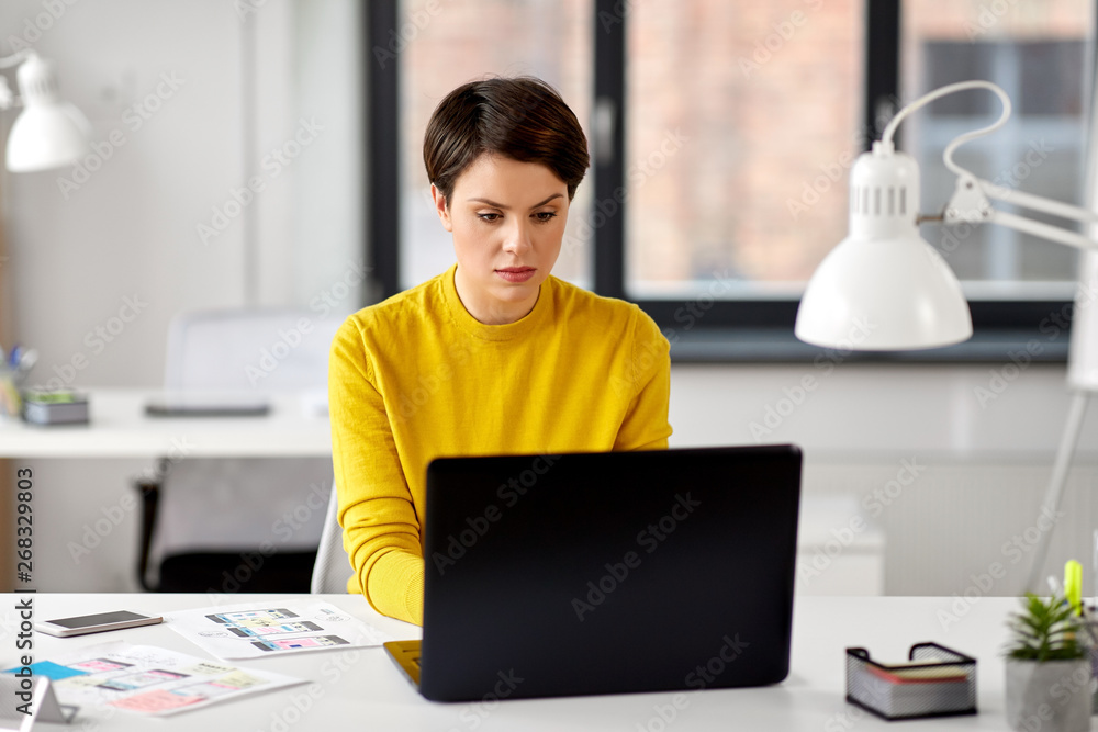 Poster business, technology and ui design concept - female designer with laptop computer and templates work