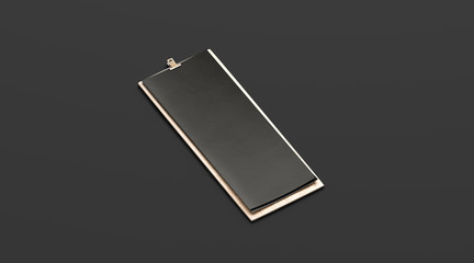 Blank black restaurant menu, wooden board mock up, 4 inch, isolated, 3d rendering. Clean clipboard...
