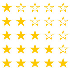 Vector image of a set of yellow stars. Rating, one star, two stars, three stars, four stars, five stars